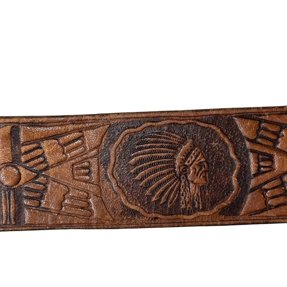 Western Men's Leather Tooled American Indian‎ Headdress Detail No Buckle Belt - Picture 5 of 13